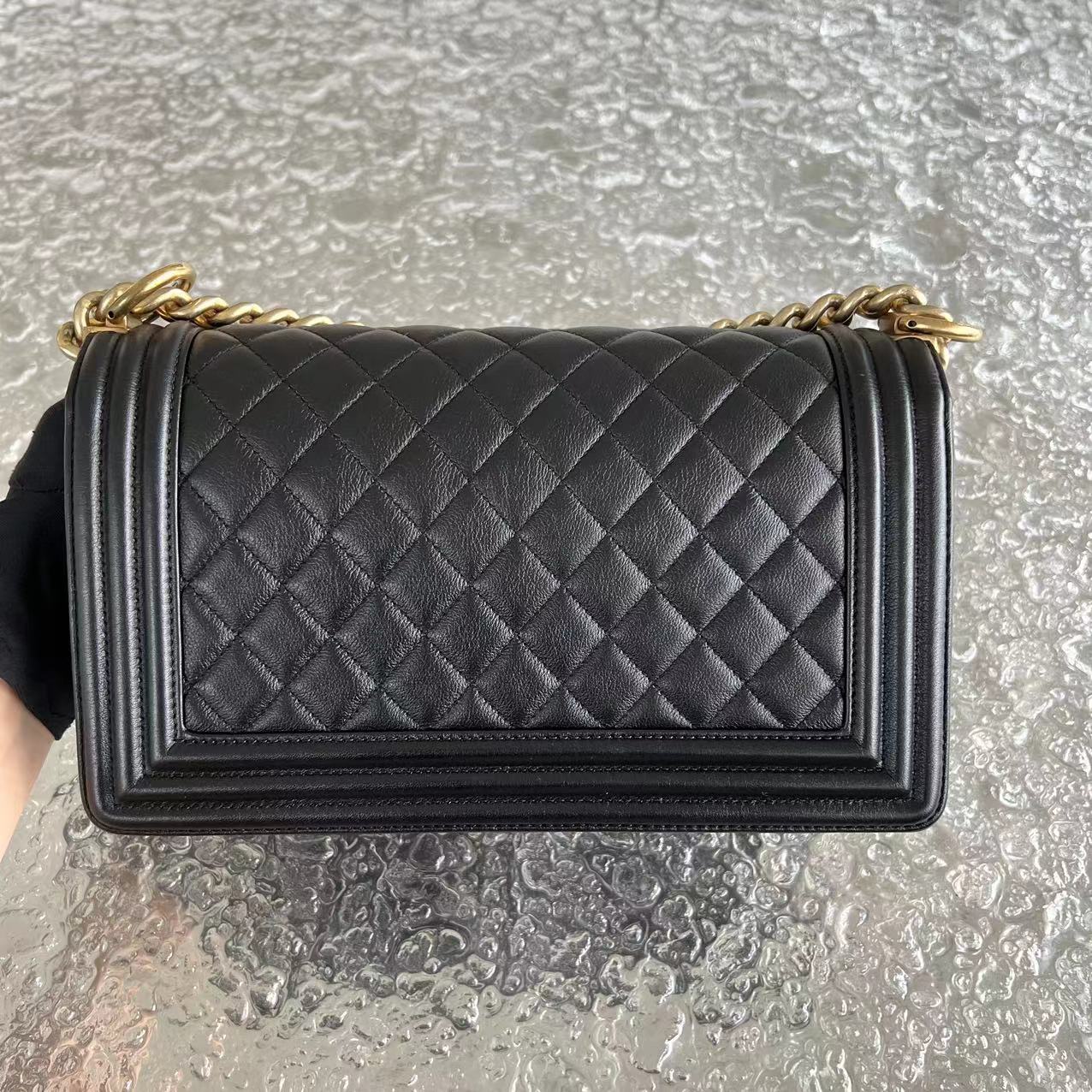 *Calfskin* Boy Old Medium 25CM Quilted Calfskin Black Leboy Golden Hardware Series 20