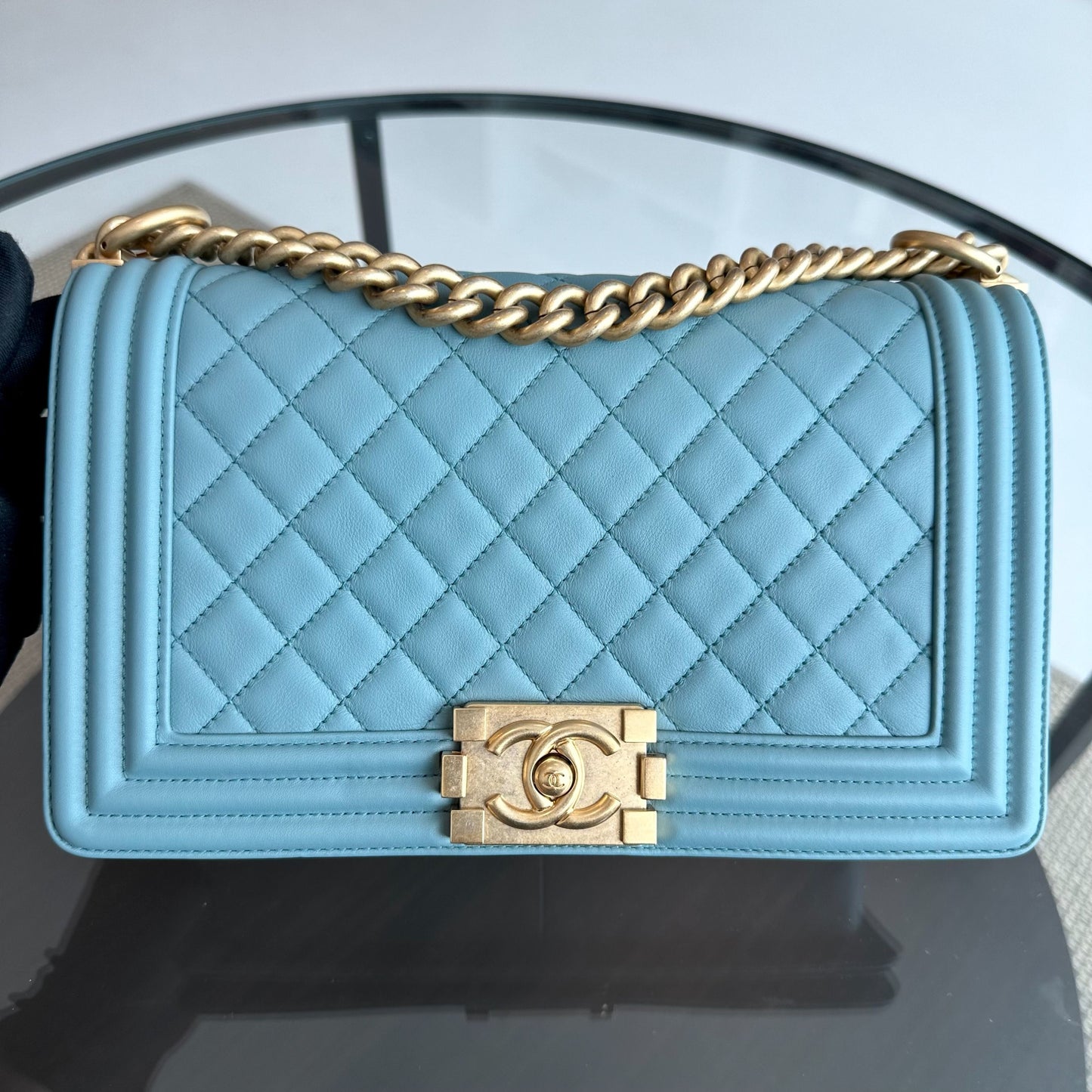 *Calfskin* Boy Old Medium 25CM Quilted Calfskin Leboy Light Blue GHW No 25