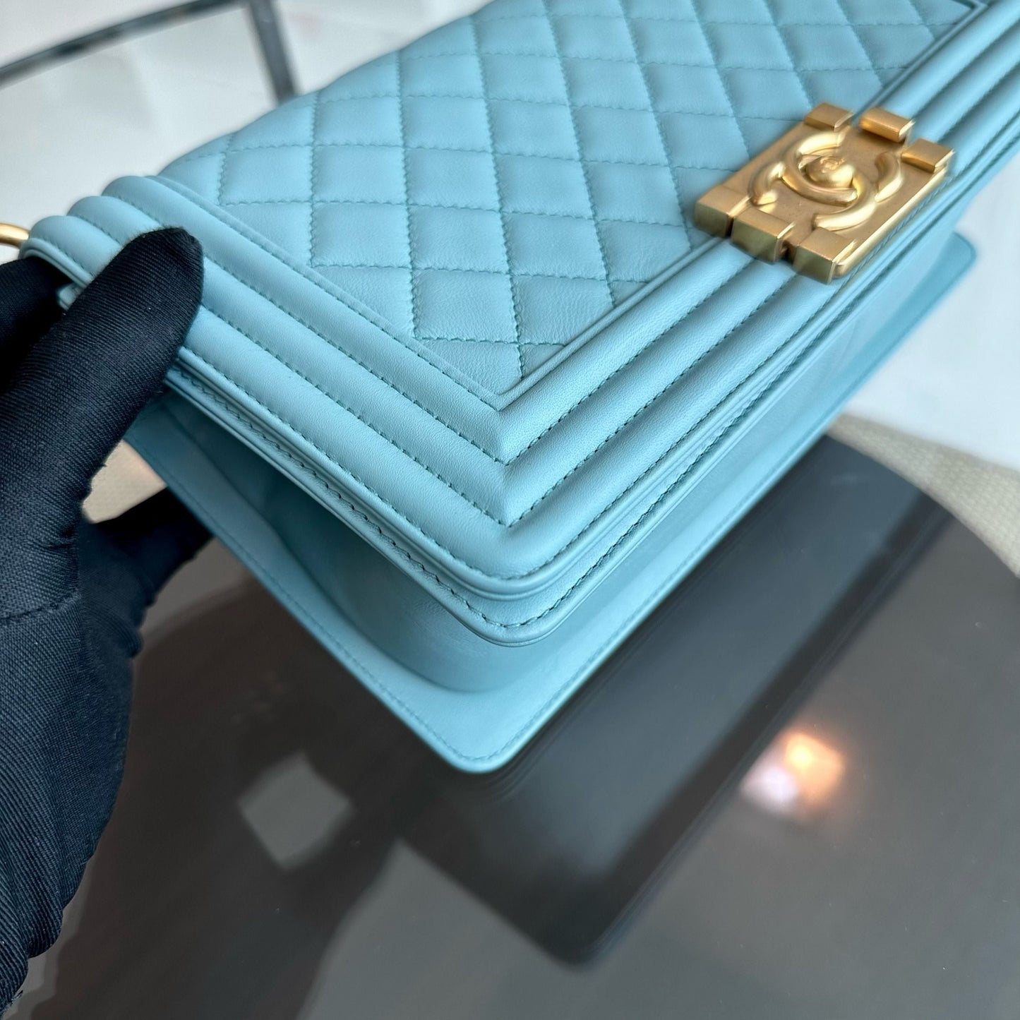 *Calfskin* Boy Old Medium 25CM Quilted Calfskin Leboy Light Blue GHW No 25