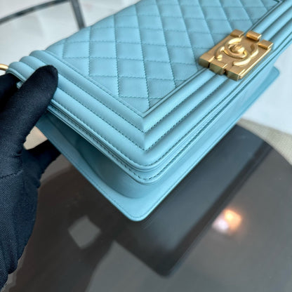 *Calfskin* Boy Old Medium 25CM Quilted Calfskin Leboy Light Blue GHW No 25