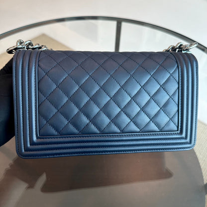 *Calfskin* Boy Old Medium 25CM Quilted Smooth Calfskin Leboy Dark Blue SHW No 20