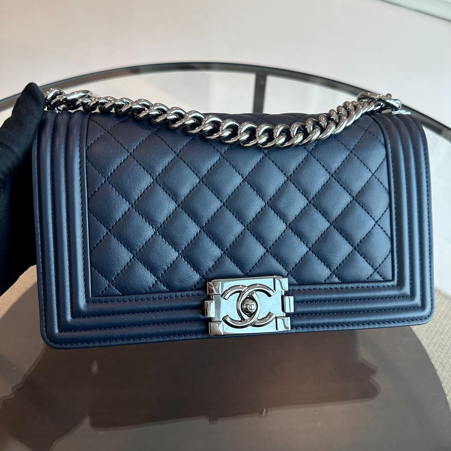 *Calfskin* Boy Old Medium 25CM Quilted Smooth Calfskin Leboy Dark Blue SHW No 20