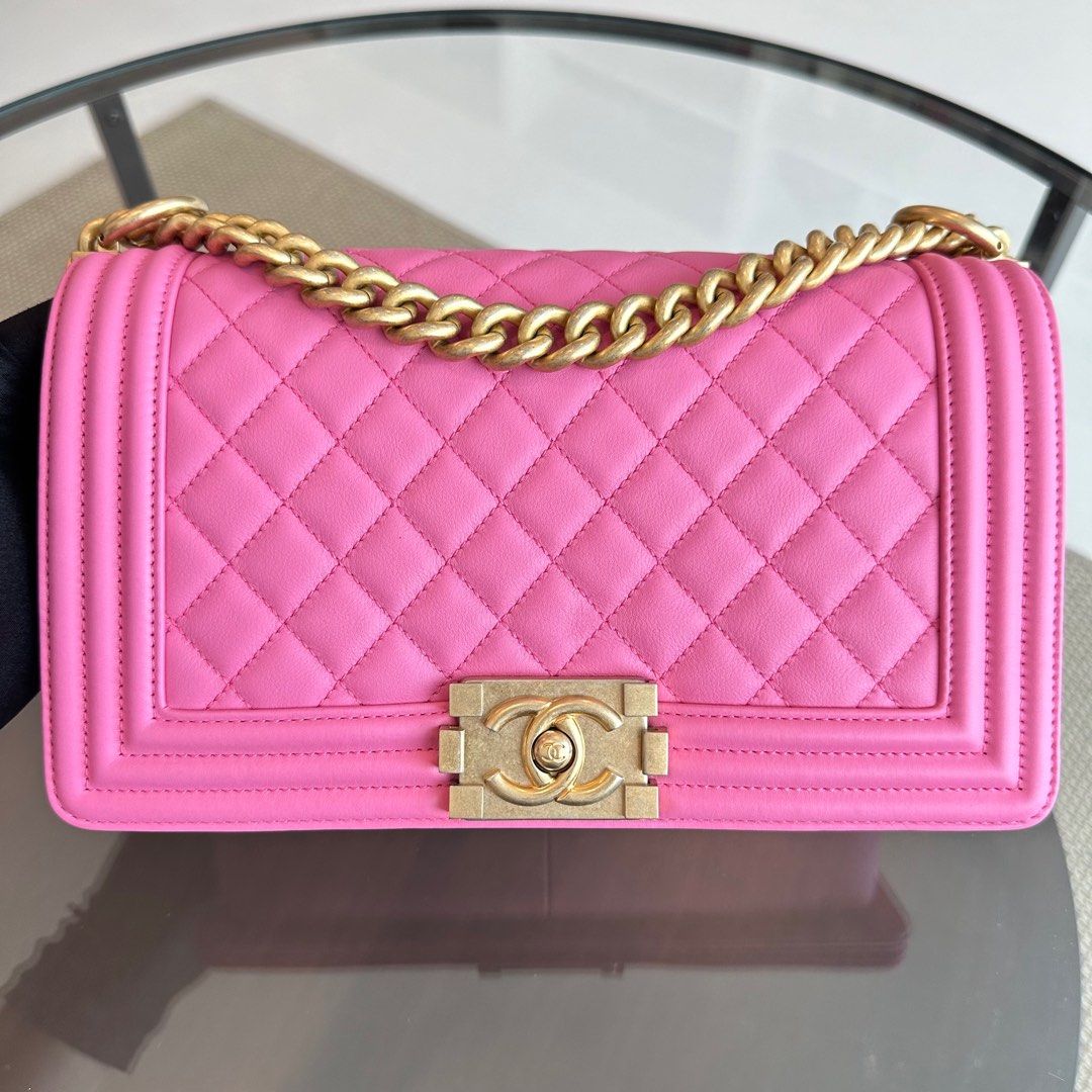 *Calfskin* Boy Old Medium Quilted Smooth Calfskin Pink AGHW No 26
