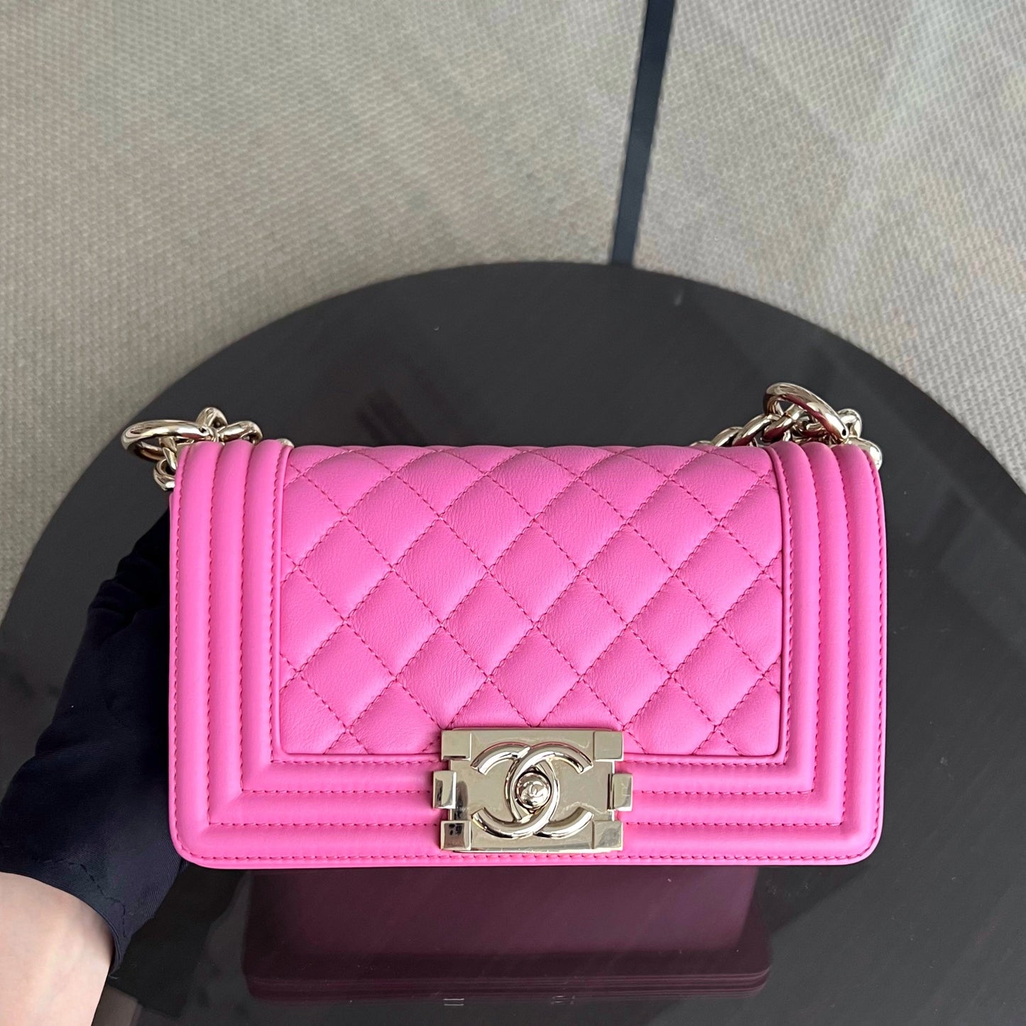 *Calfskin* Boy Small 20CM Quilted Calfskin Sakura Pink Leboy Golden Hardware Series 26
