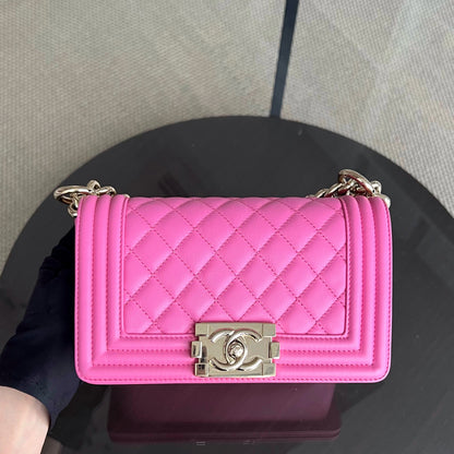*Calfskin* Boy Small 20CM Quilted Calfskin Sakura Pink Leboy Golden Hardware Series 26