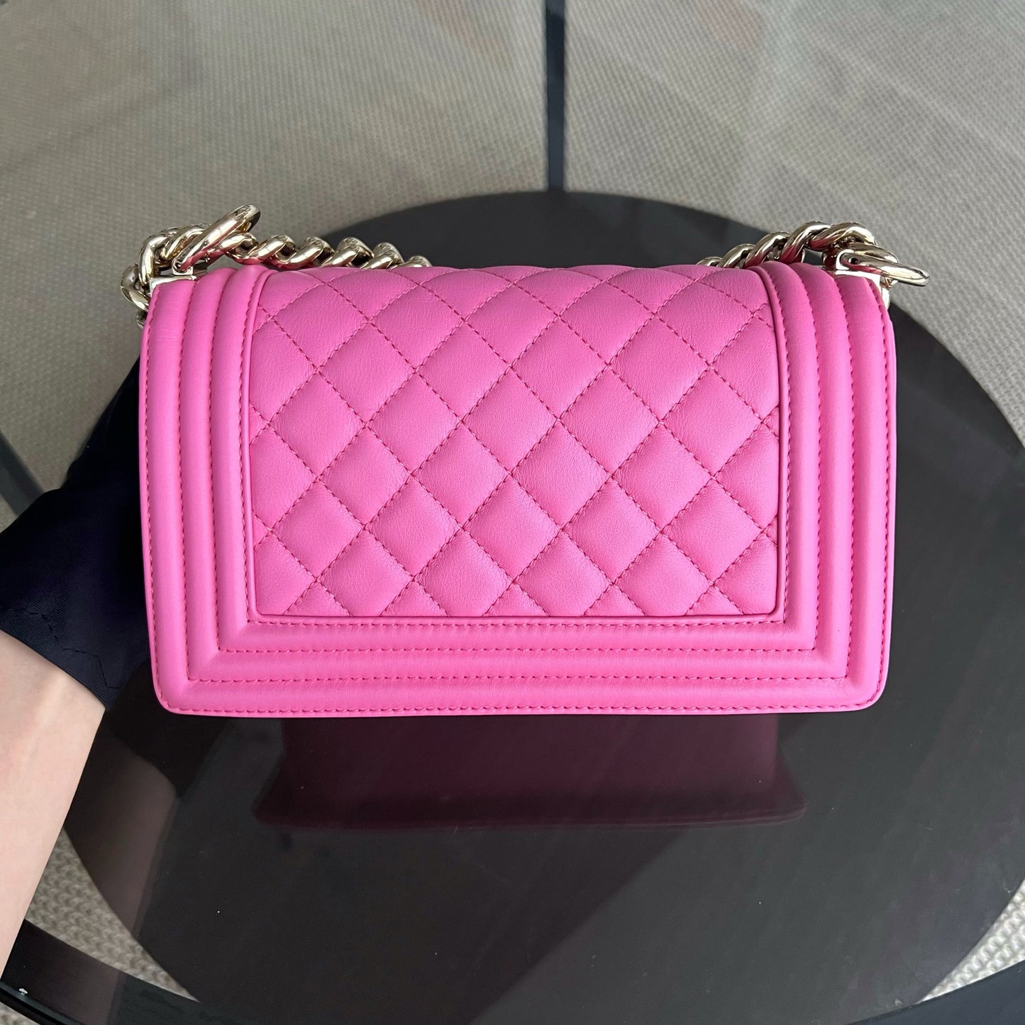 *Calfskin* Boy Small 20CM Quilted Calfskin Sakura Pink Leboy Golden Hardware Series 26