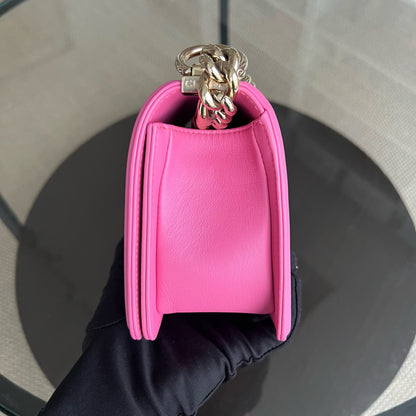 *Calfskin* Boy Small 20CM Quilted Calfskin Sakura Pink Leboy Golden Hardware Series 26