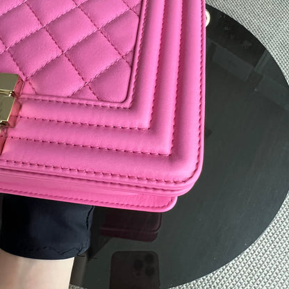 *Calfskin* Boy Small 20CM Quilted Calfskin Sakura Pink Leboy Golden Hardware Series 26
