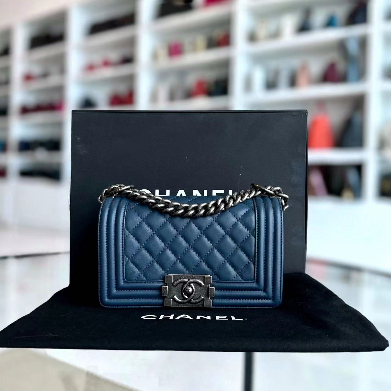*Calfskin* Boy Small Quilted Calfskin Dark Blue Leboy Ruthenium Silver Hardware Series 26