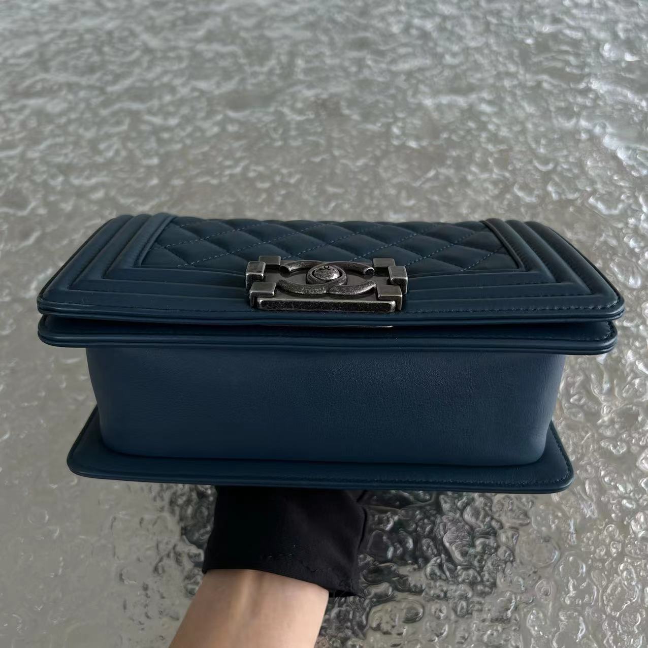 *Calfskin* Boy Small Quilted Calfskin Dark Blue Leboy Ruthenium Silver Hardware Series 26