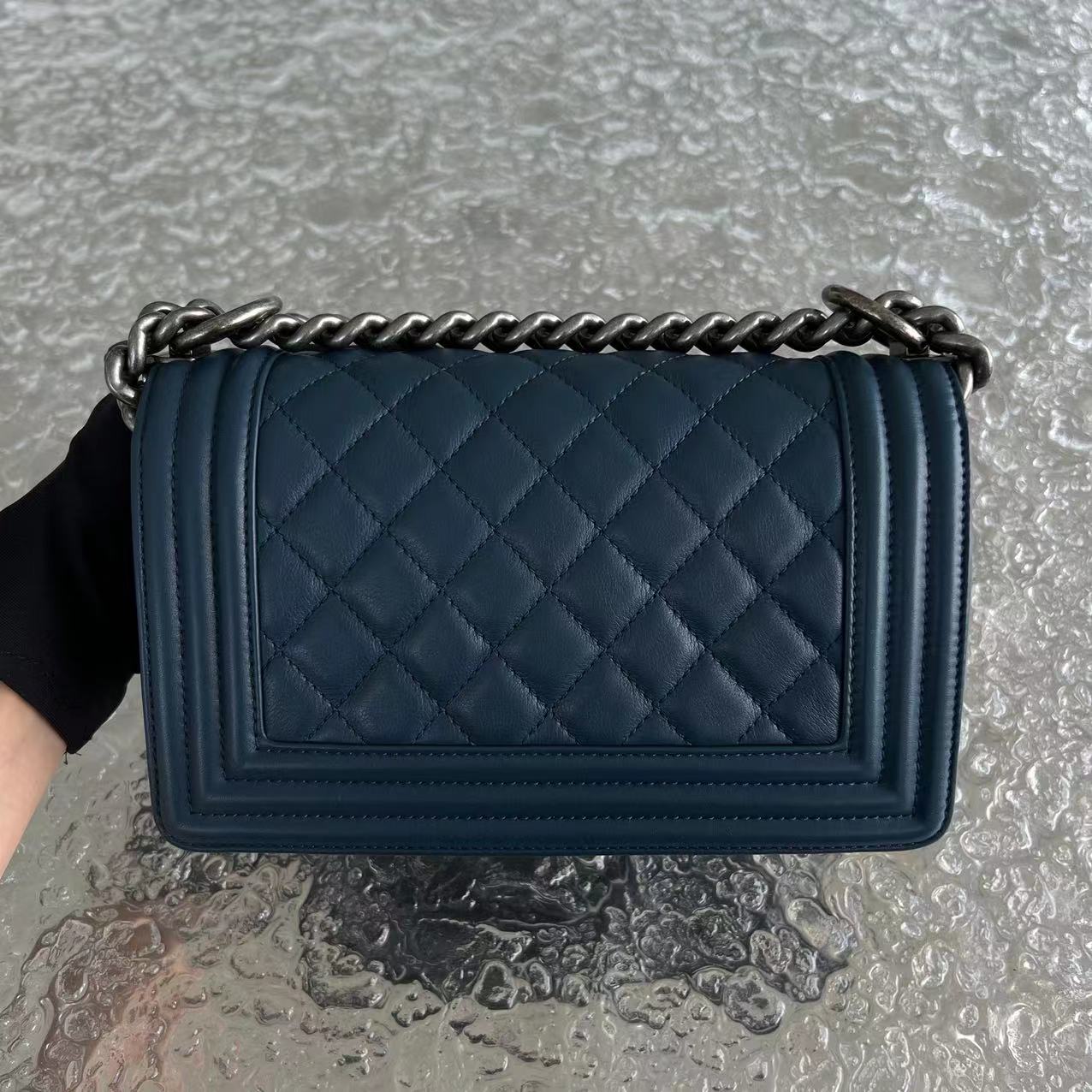 *Calfskin* Boy Small Quilted Calfskin Dark Blue Leboy Ruthenium Silver Hardware Series 26