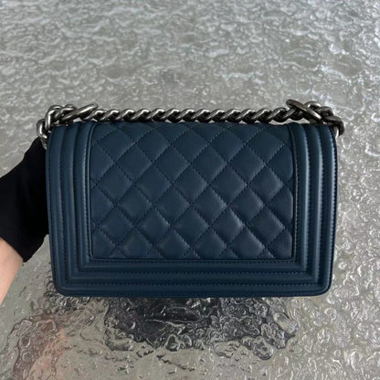 *Calfskin* Boy Small Quilted Calfskin Dark Blue Leboy Ruthenium Silver Hardware Series 26