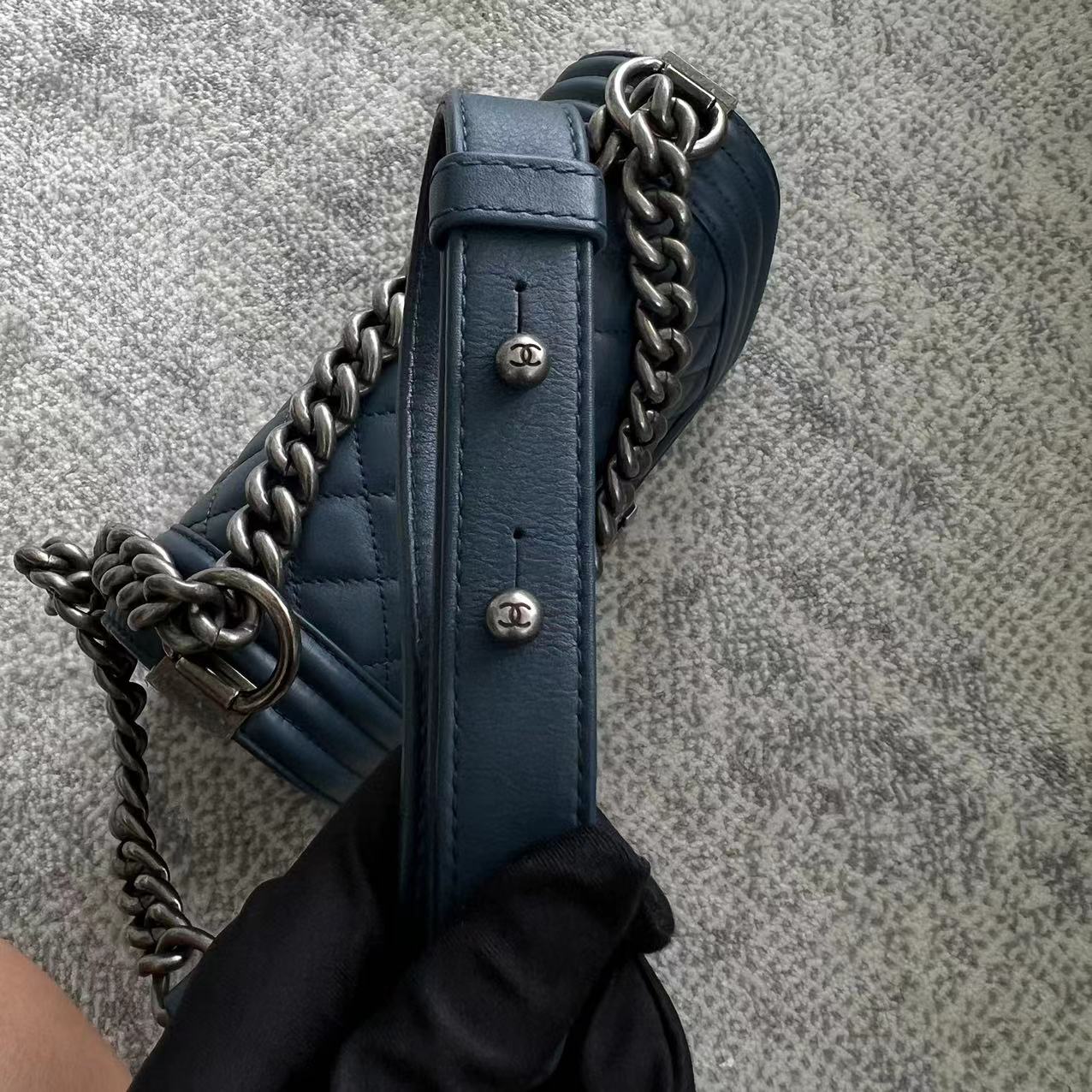 *Calfskin* Boy Small Quilted Calfskin Dark Blue Leboy Ruthenium Silver Hardware Series 26