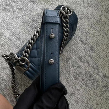 *Calfskin* Boy Small Quilted Calfskin Dark Blue Leboy Ruthenium Silver Hardware Series 26