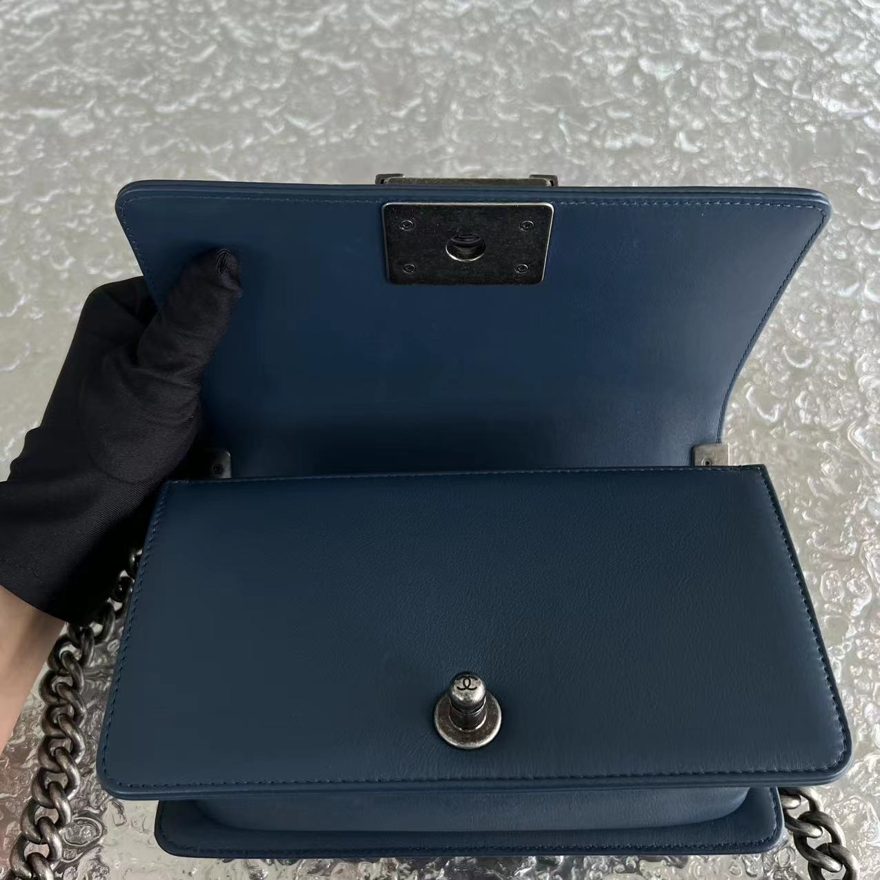 *Calfskin* Boy Small Quilted Calfskin Dark Blue Leboy Ruthenium Silver Hardware Series 26