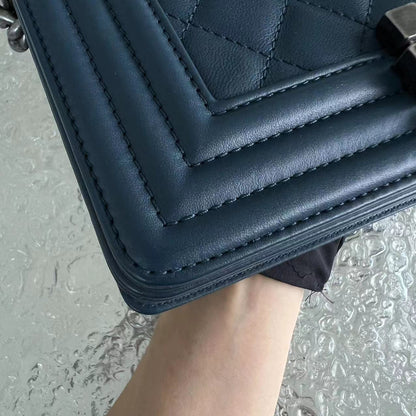 *Calfskin* Boy Small Quilted Calfskin Dark Blue Leboy Ruthenium Silver Hardware Series 26