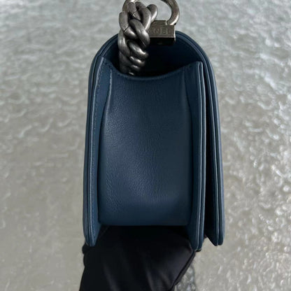 *Calfskin* Boy Small Quilted Calfskin Dark Blue Leboy Ruthenium Silver Hardware Series 26