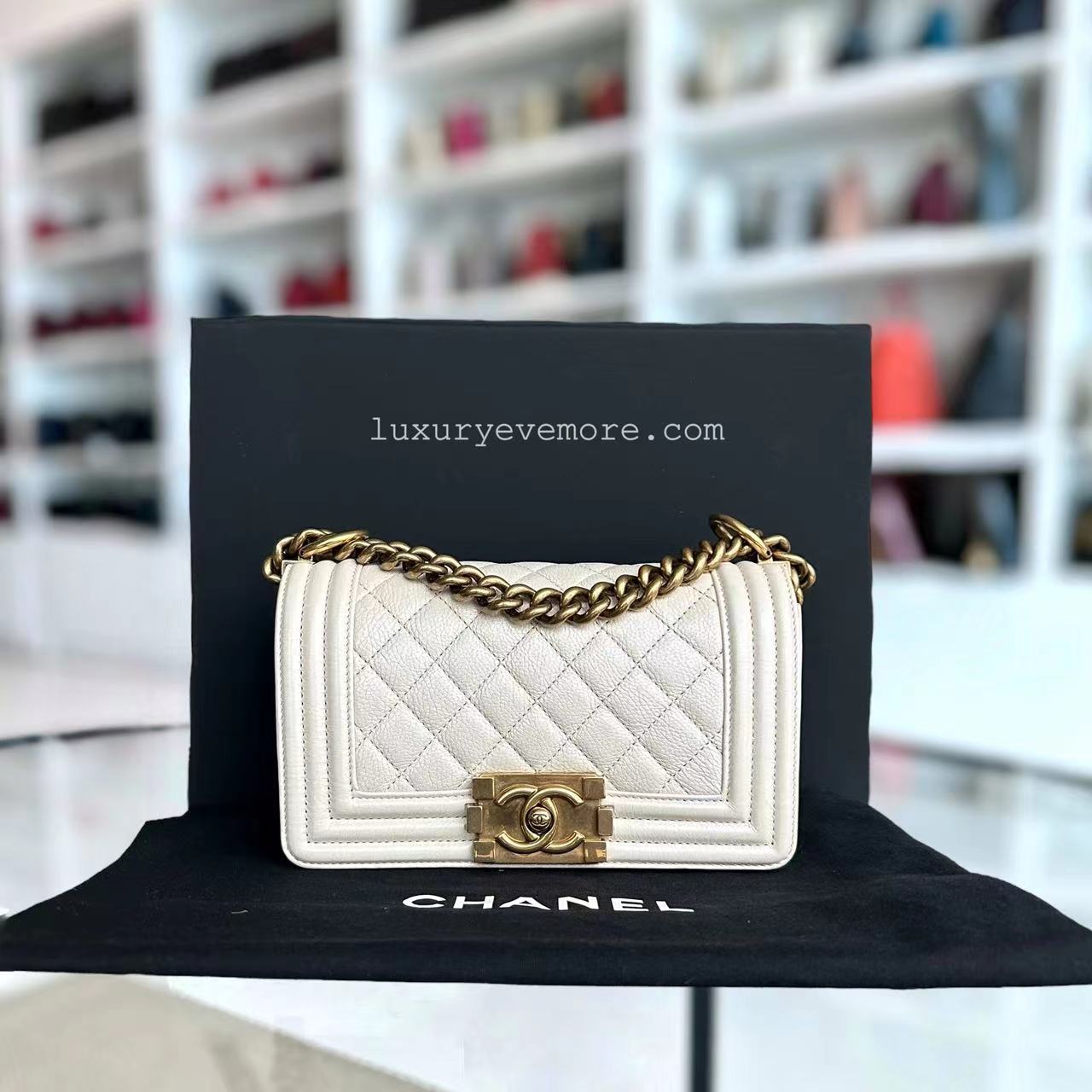 *Calfskin* Boy Small Quilted Grained Calfskin Cream White Leboy Golden Hardware Series 20