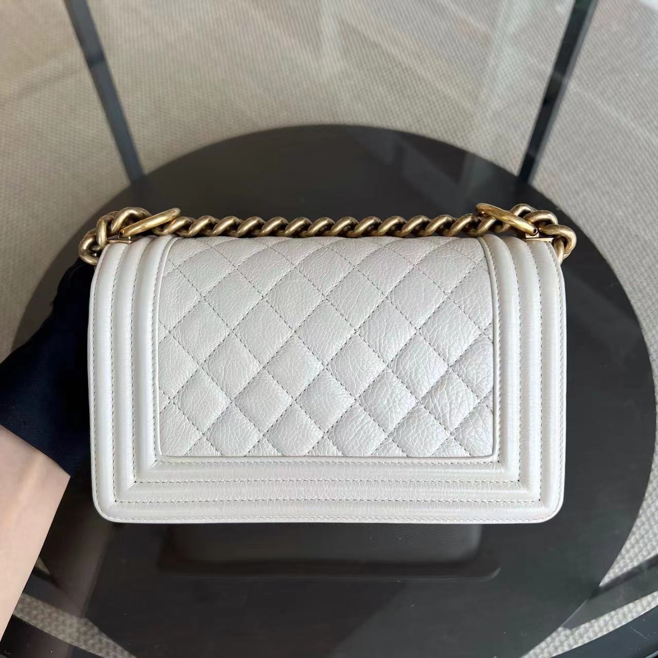 *Calfskin* Boy Small Quilted Grained Calfskin Cream White Leboy Golden Hardware Series 20