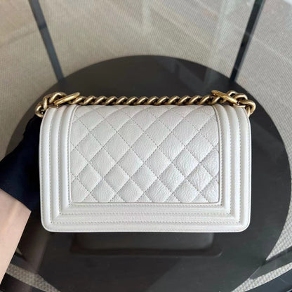 *Calfskin* Boy Small Quilted Grained Calfskin Cream White Leboy Golden Hardware Series 20