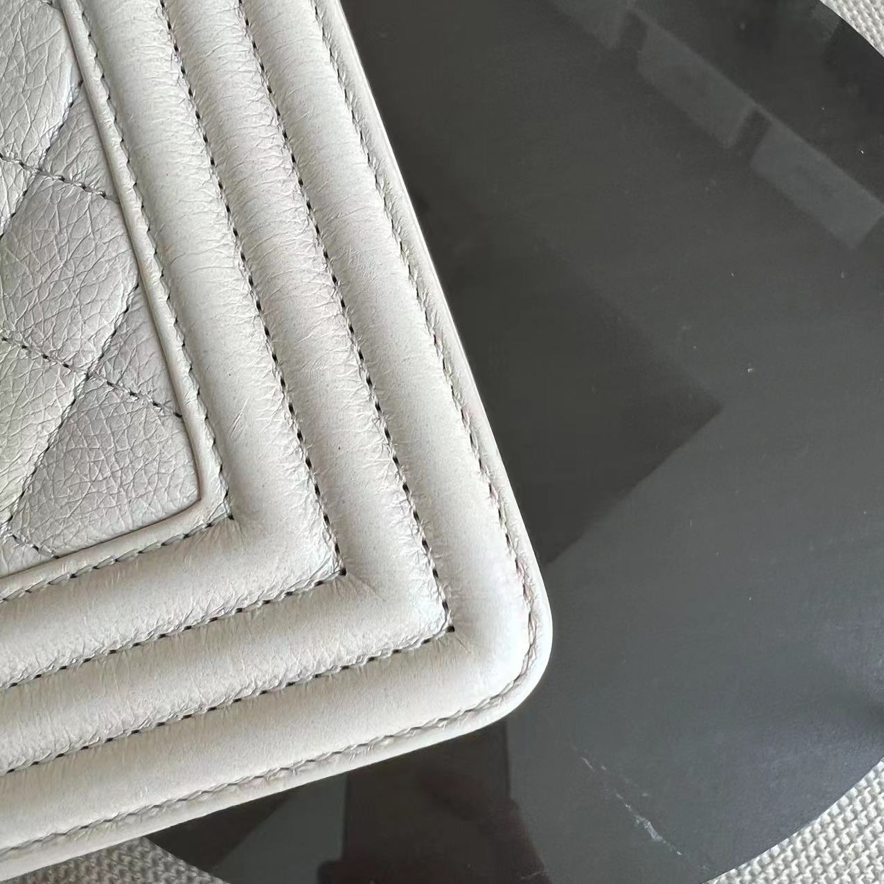 *Calfskin* Boy Small Quilted Grained Calfskin Cream White Leboy Golden Hardware Series 20