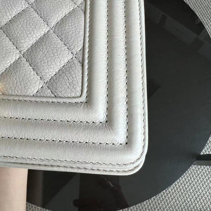 *Calfskin* Boy Small Quilted Grained Calfskin Cream White Leboy Golden Hardware Series 20