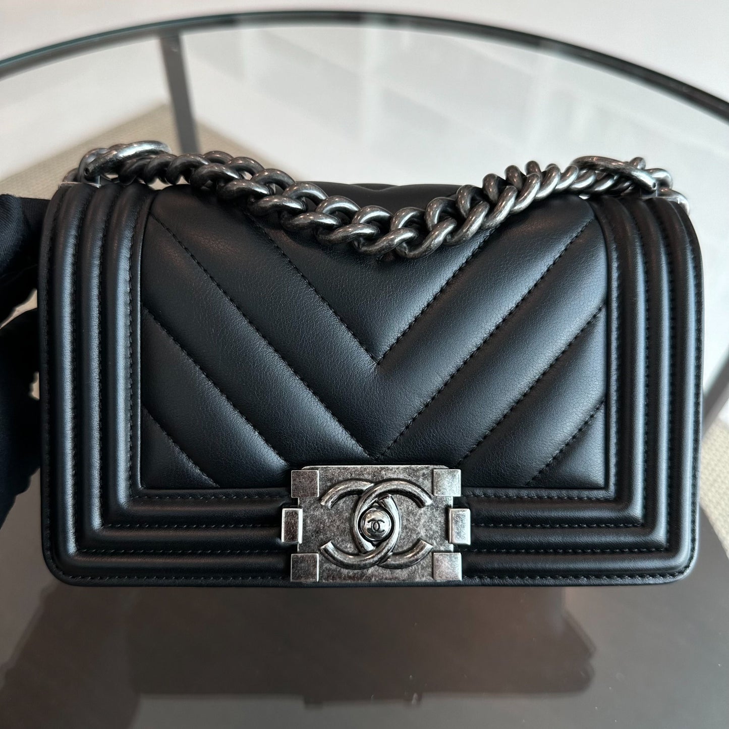 *Calfskin, Like New* Boy Small Chevron Calfskin Leboy Black RSHW No 22