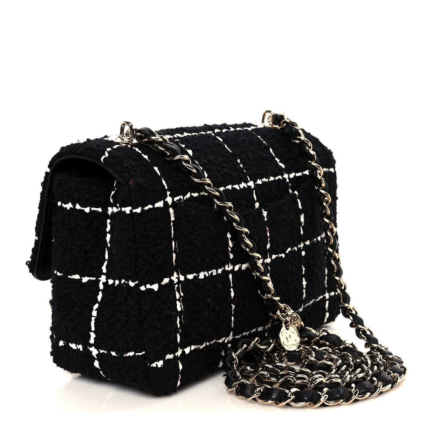 Tweed Quilted Small Camellia Flap Black White