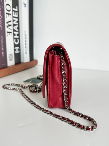 CHANEL Caviar Timeless CC Wallet on Chain WOC Red #BE