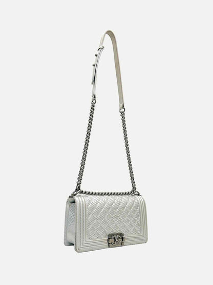 CHANEL New Boy Flap Silver Perforated Shoulder Bag