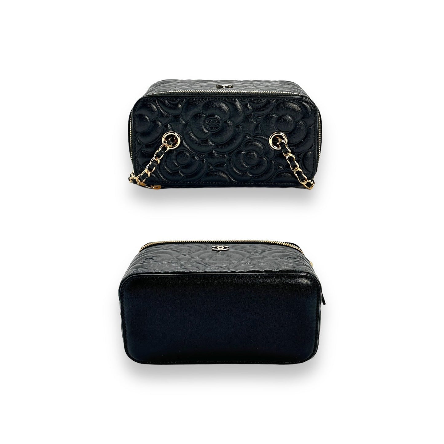 Chanel 2021 Black Camellia Vanity Case w/ Chain