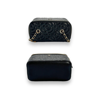 Chanel 2021 Black Camellia Vanity Case w/ Chain