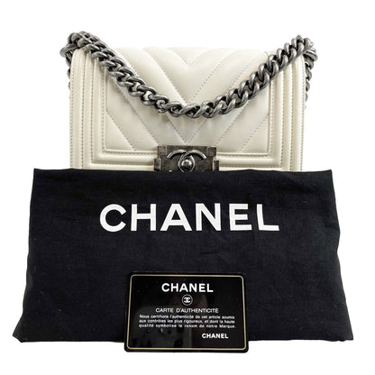 Chanel Boy New Chevron Quilted White Shoulder Bag Mini