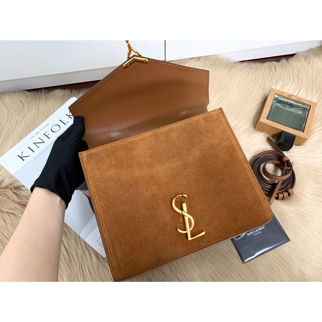 Yves Saint Laurent Cassandra Medium Top Handle Bag In Box And Velvet Brown  9.6in/24.5cm