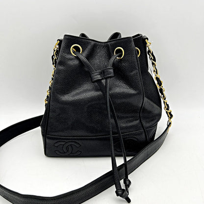 CHANEL Caviar Drawstring Shoulder Bag Black chcc