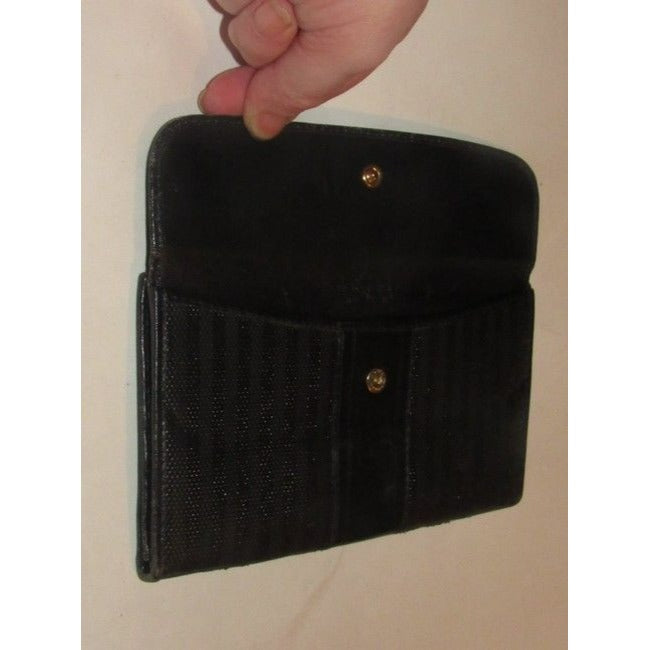 Fendi Black Thin Striped Coated Canvas And Black Leather Vintage Wallet