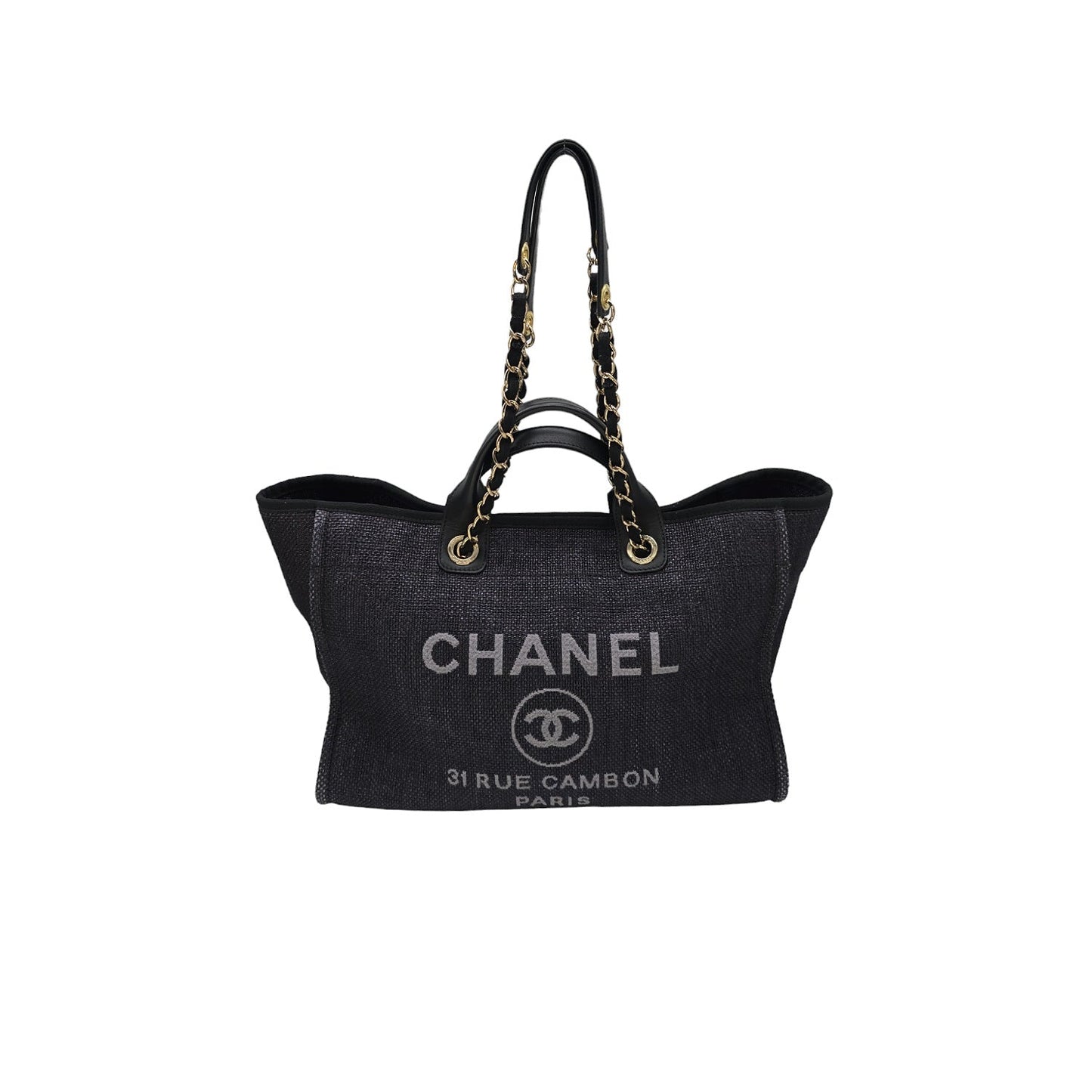 Chanel Woven Straw Raffia Medium Deauville Tote Black