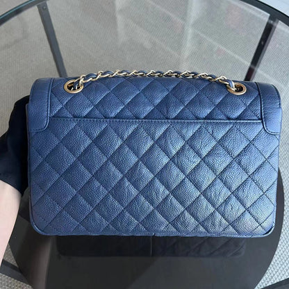 Crumpled Two Tone Flap Grained Calfskin Navy Blue Golden Hardware Series 21