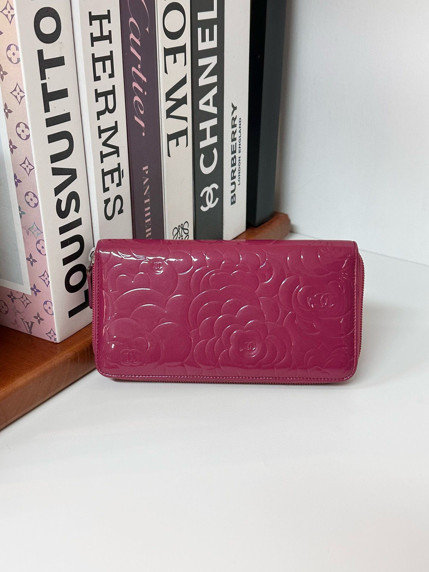 CHANEL Camellia Round Zipper Long Wallet Patent Leather Red #D