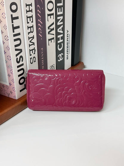 CHANEL Camellia Round Zipper Long Wallet Patent Leather Red #D