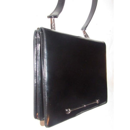 Gucci Vintage Pursesdesigner Purses Black Glossy Leather With Large Horse Bit Accent Satchel