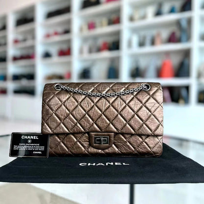 Chanel 2.55 226 Medium 28CM Quilted Calfskin Metallic Brown Bronze Silver Hardware Series 12