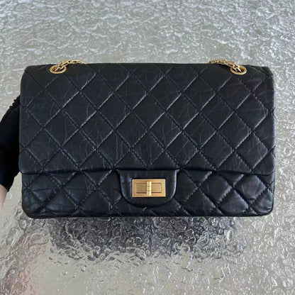 2.55 227 Large 31CM Quilted Calfskin Black Golden Hardware