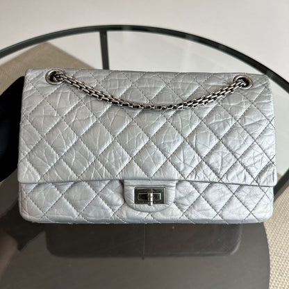 2.55 266 Medium 28CM Reissue Double Flap Quilted Aged Calfskin Silver RSHW No 15