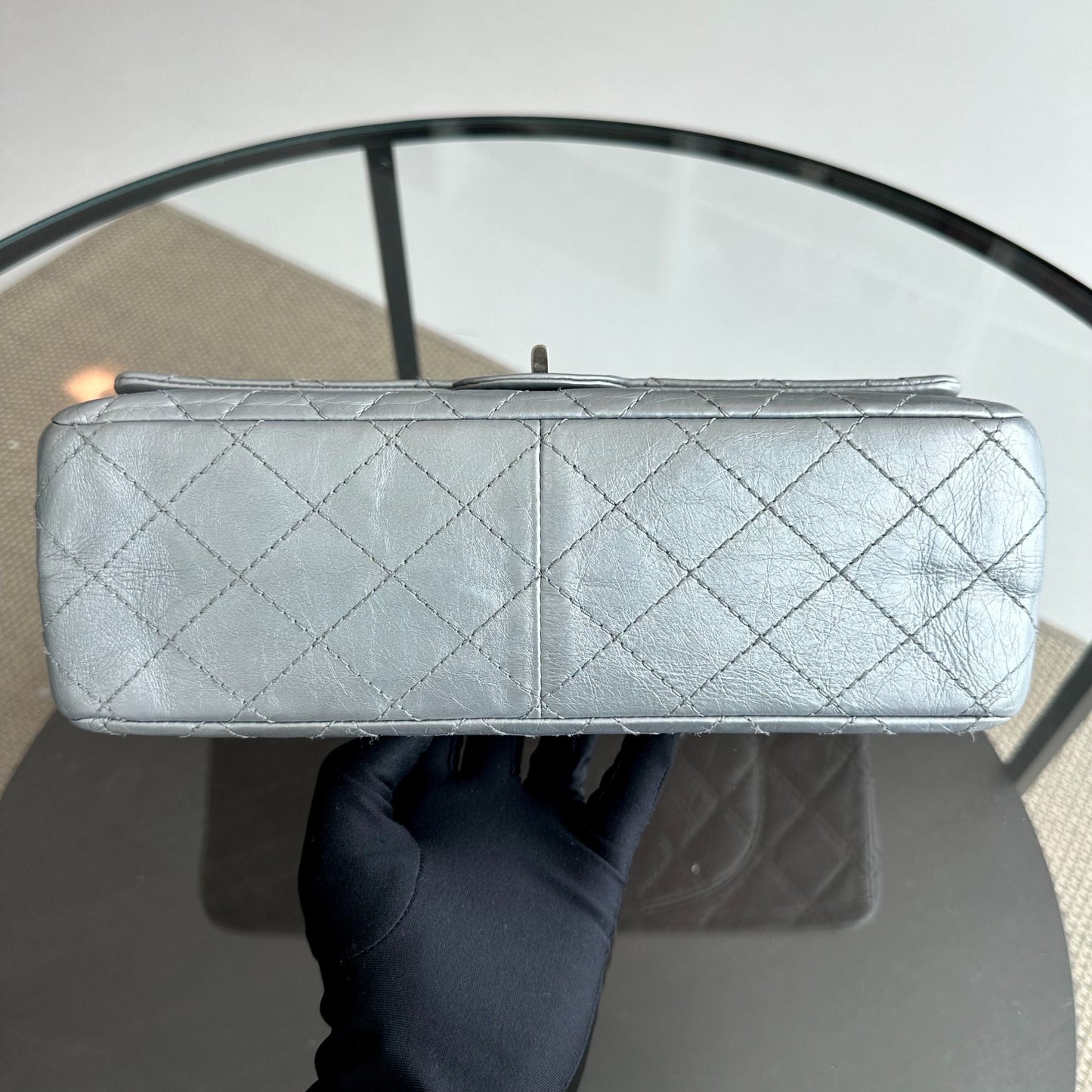2.55 266 Medium 28CM Reissue Double Flap Quilted Aged Calfskin Silver RSHW No 15