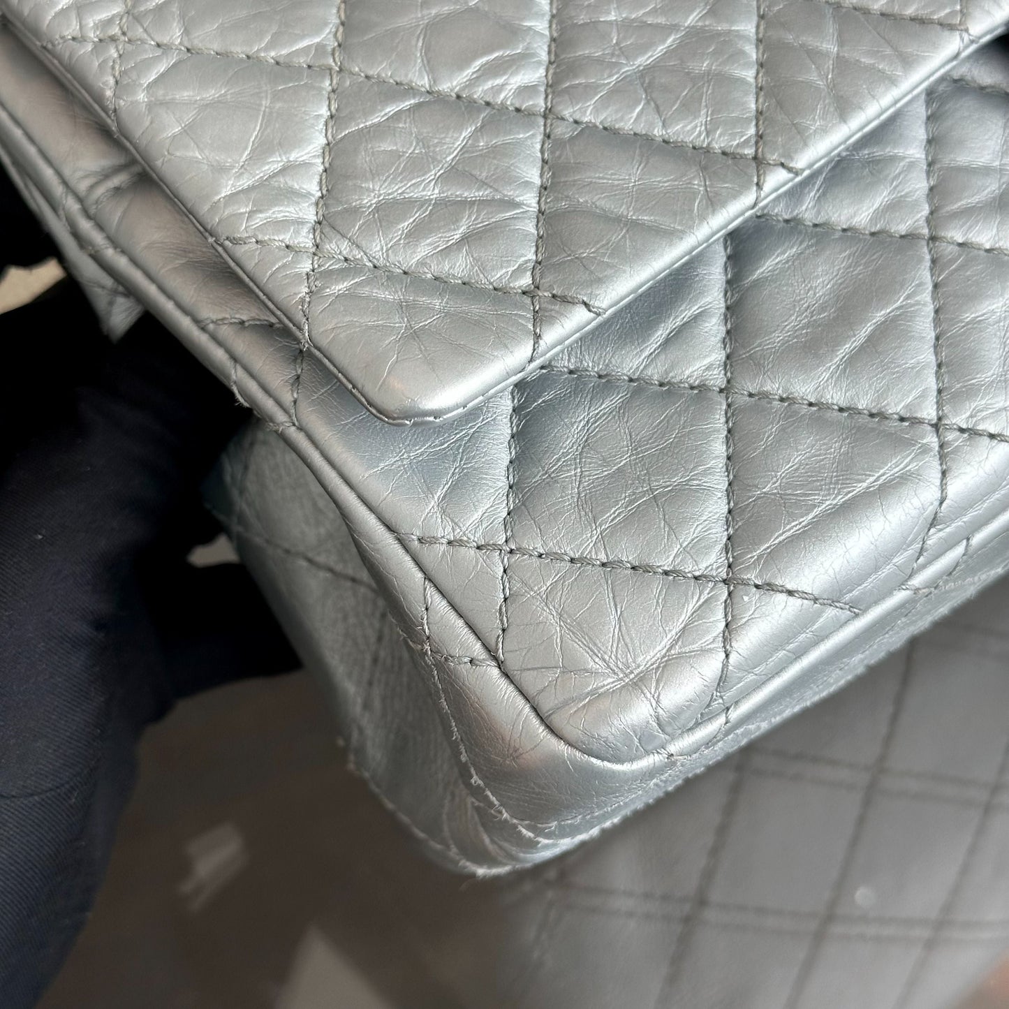 2.55 266 Medium 28CM Reissue Double Flap Quilted Aged Calfskin Silver RSHW No 15