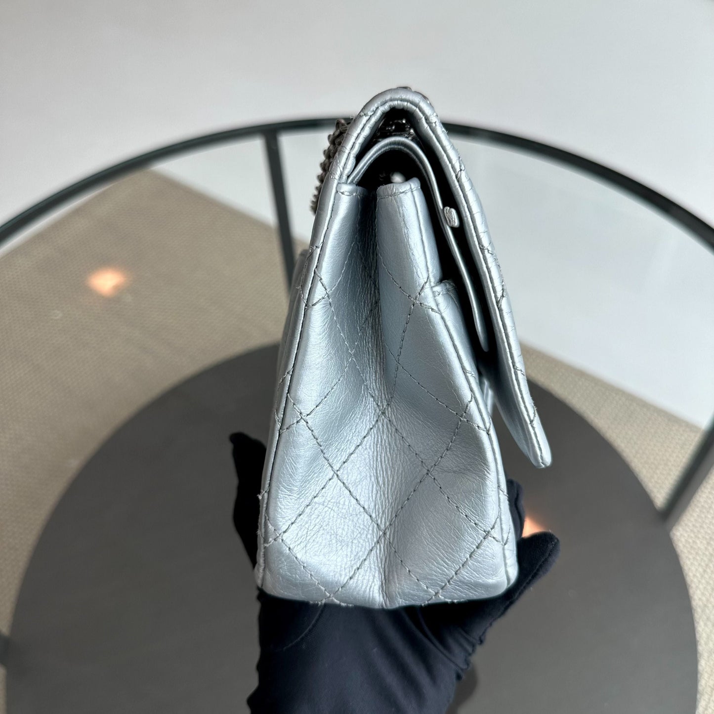 2.55 266 Medium 28CM Reissue Double Flap Quilted Aged Calfskin Silver RSHW No 15