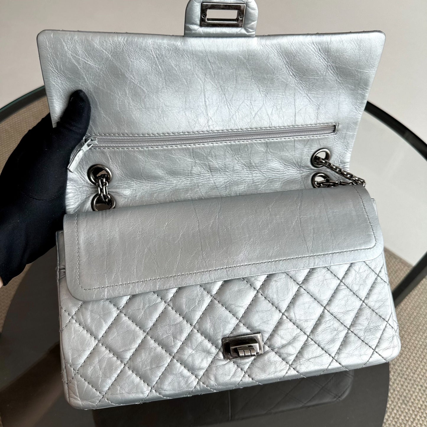 2.55 266 Medium 28CM Reissue Double Flap Quilted Aged Calfskin Silver RSHW No 15