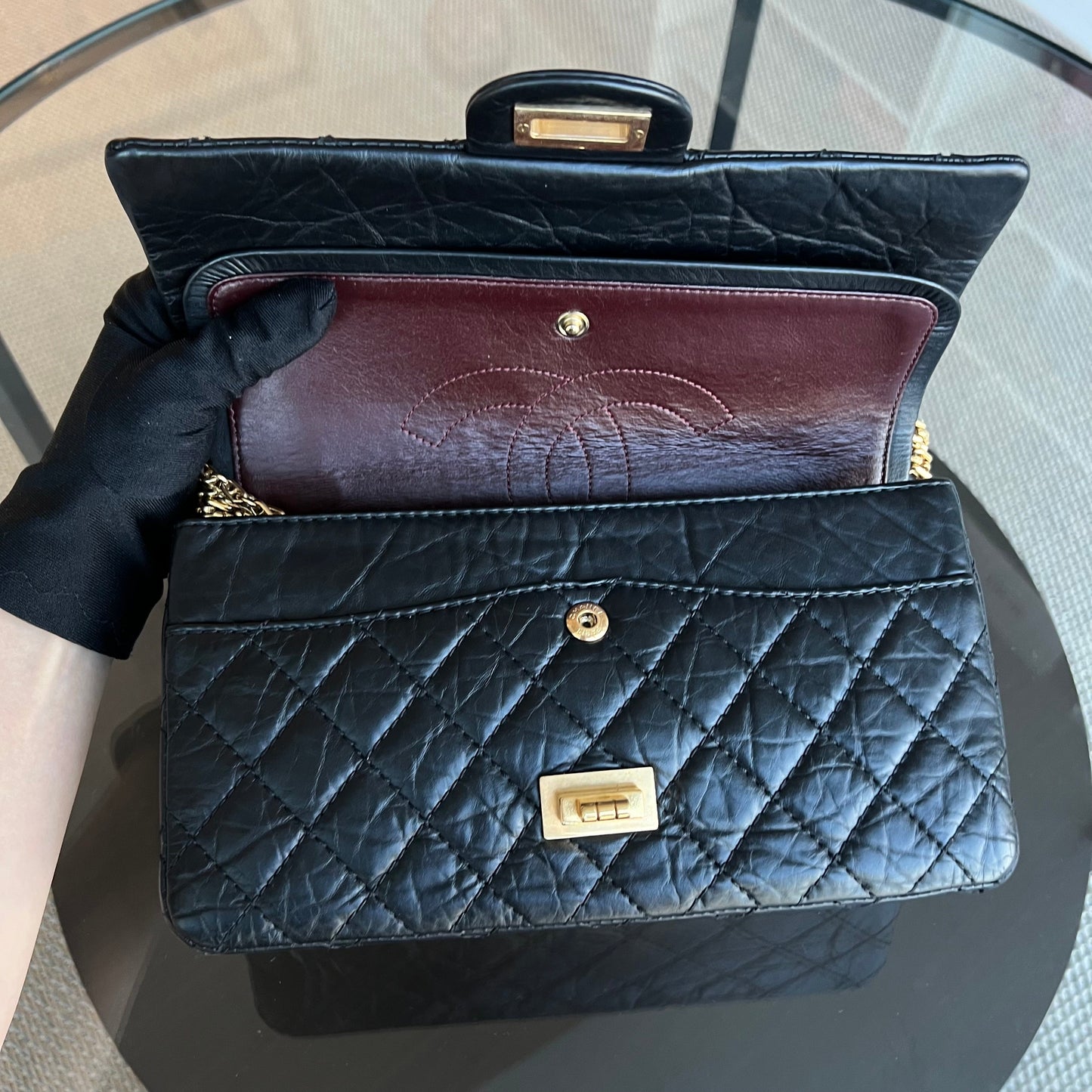 2.55 Reissue 225 Medium 24CM Quilted Calfskin Black Ruthenium Golden Hardware Series 13