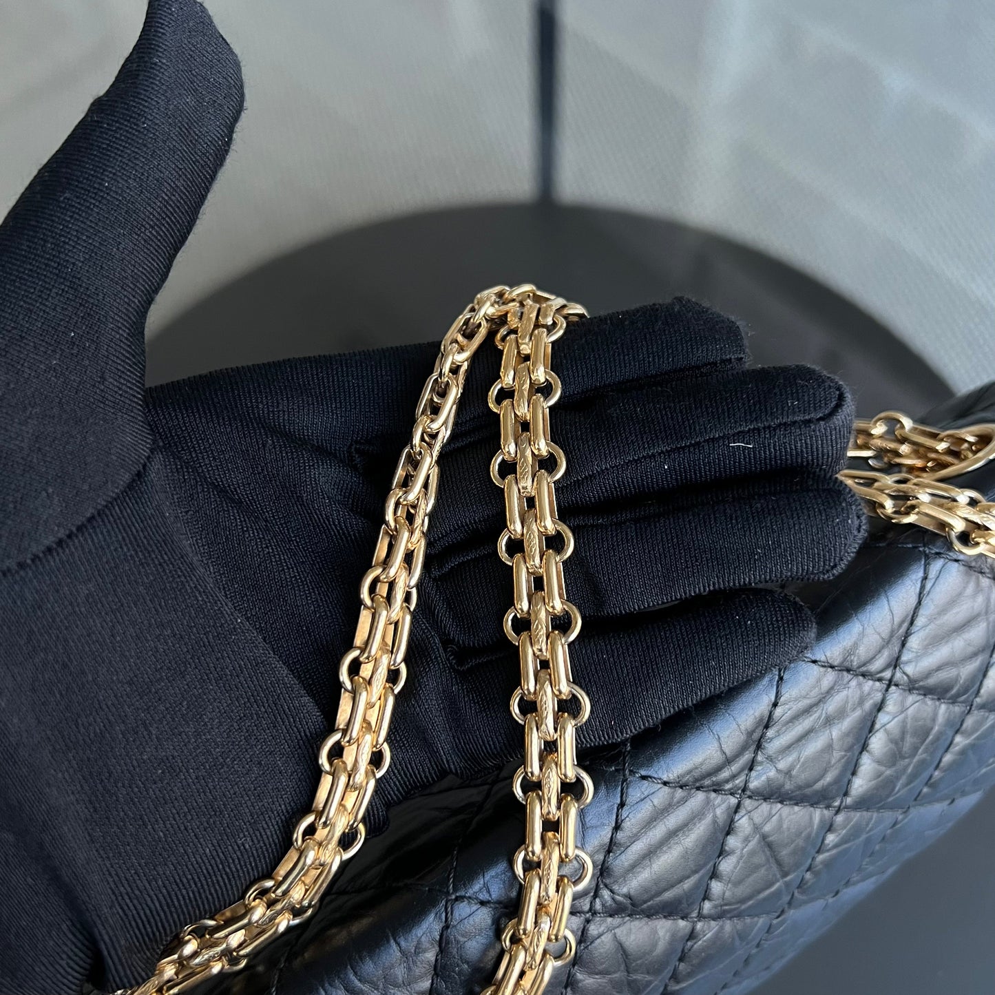 2.55 Reissue 225 Medium 24CM Quilted Calfskin Black Ruthenium Golden Hardware Series 13